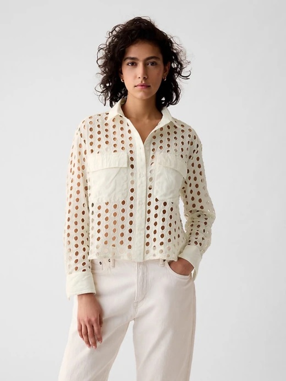 GAP Cream Eyelet Cropped Button-Front Blouse Shirt- NWT XS Petite